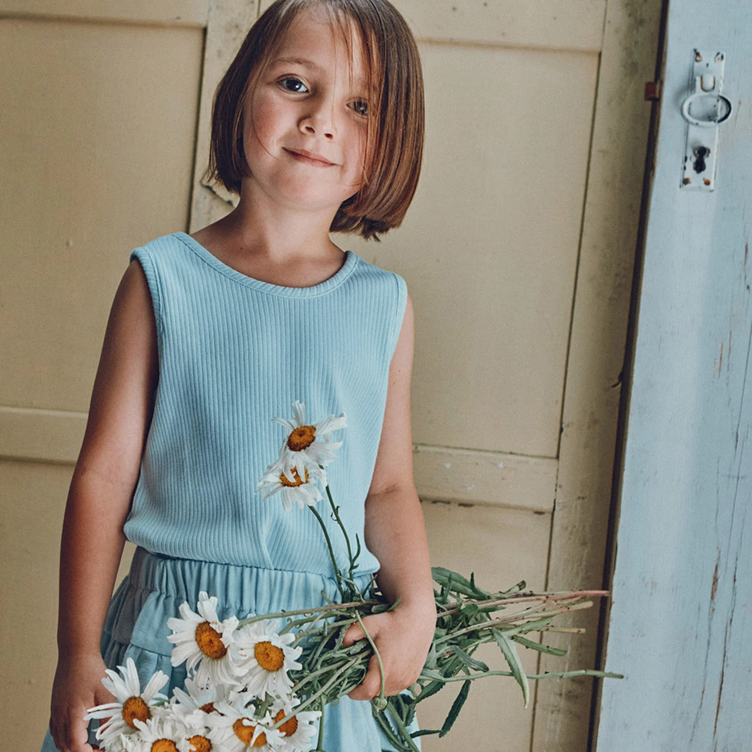 Kids Cotton Rib Piment Sleeveless Top - Baby Blue