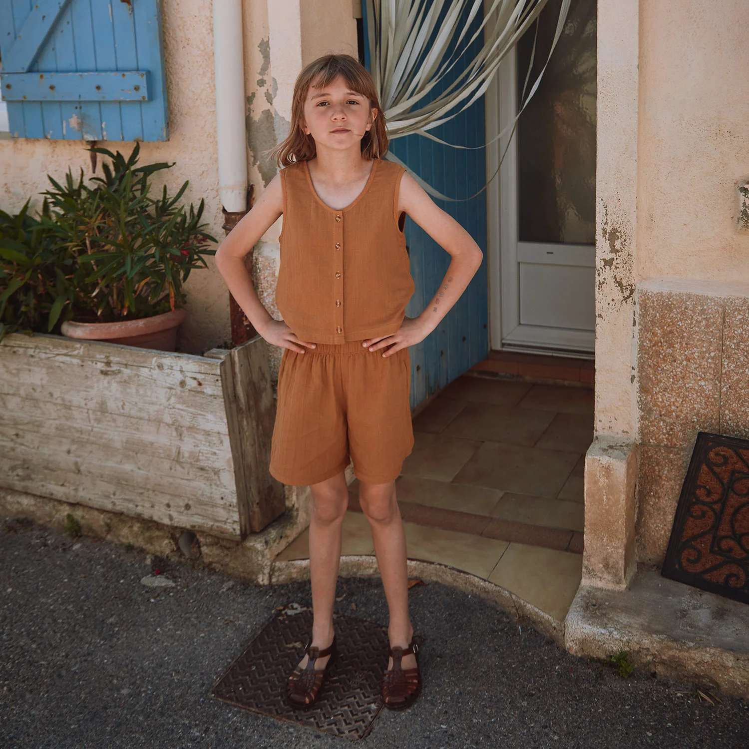 Kids Cotton Sleeveless Dille Top - Bone Brown