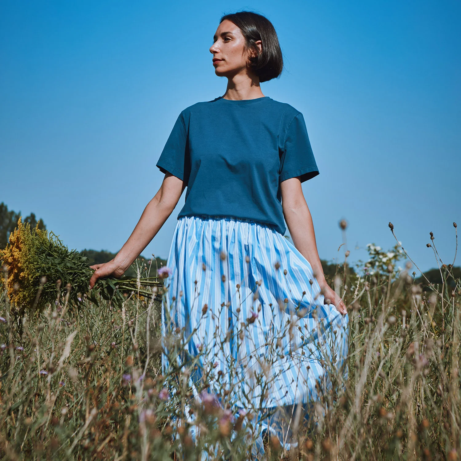 Women's Cotton Poplin Chia Skirt - Wide Blue/White Stripe - Image 2