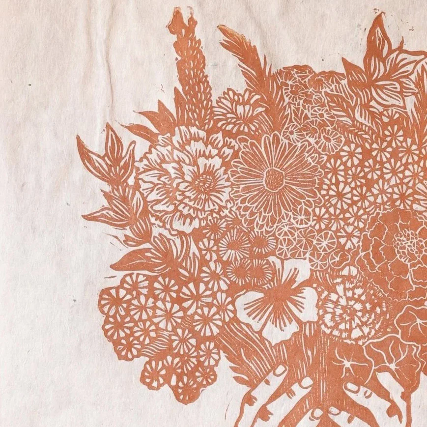 Handprinted Linocut Bunch of Blooms - Orange/Brown - Image 2