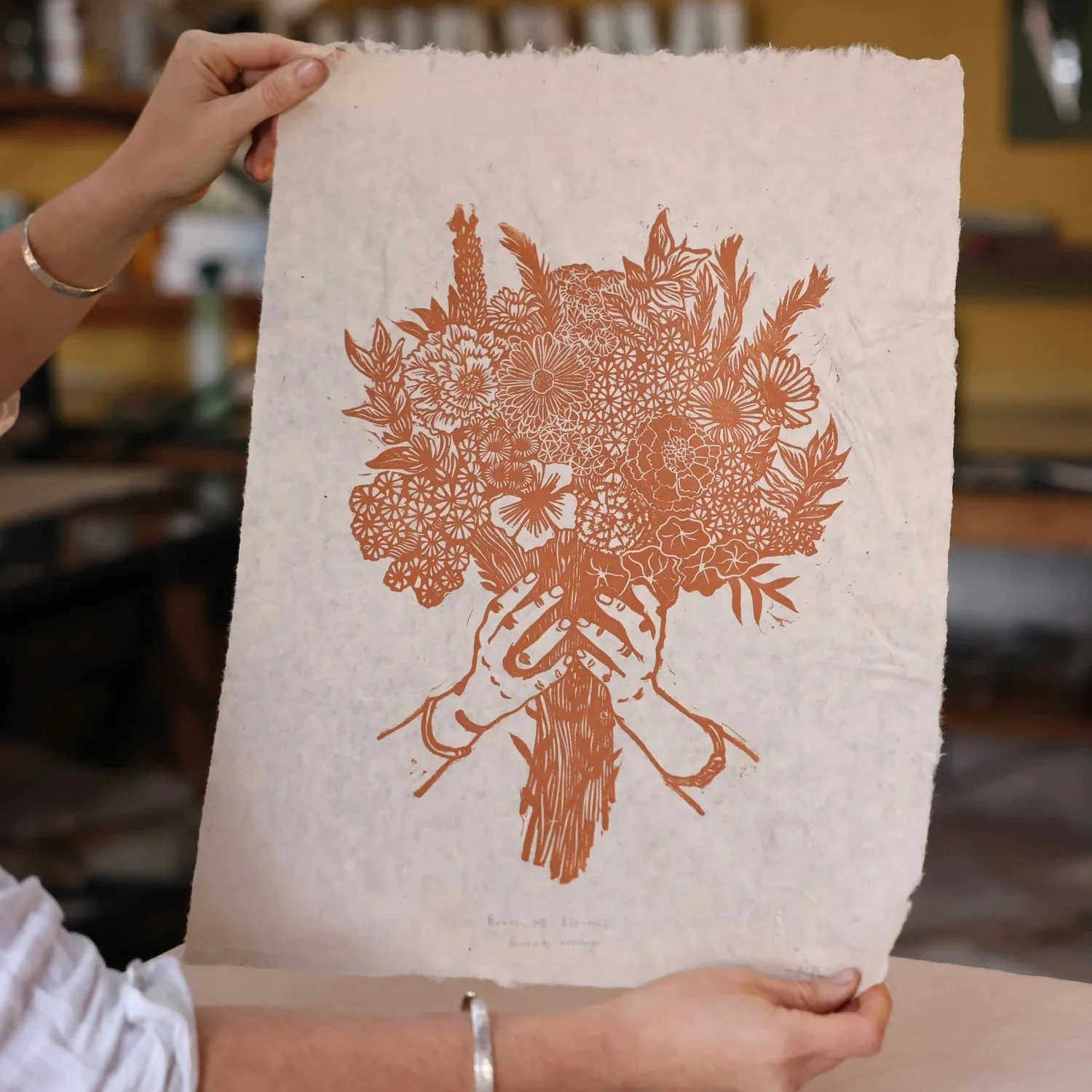 Handprinted Linocut Bunch of Blooms - Orange/Brown - Image 3