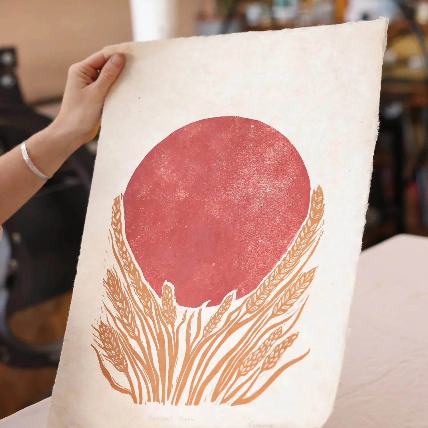 Handprinted Linocut Red Moon - Ochre Wheat - Image 2