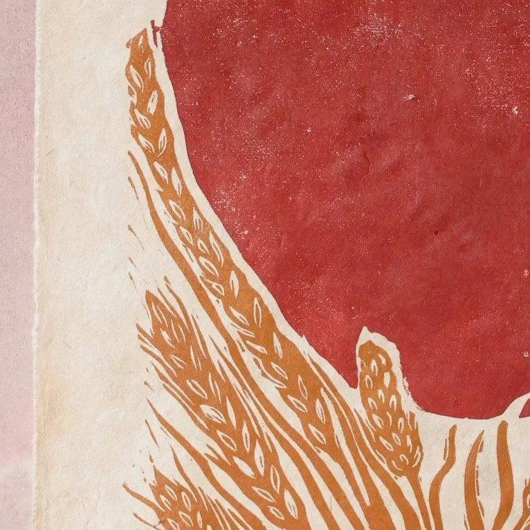Handprinted Linocut Red Moon - Ochre Wheat - Image 3