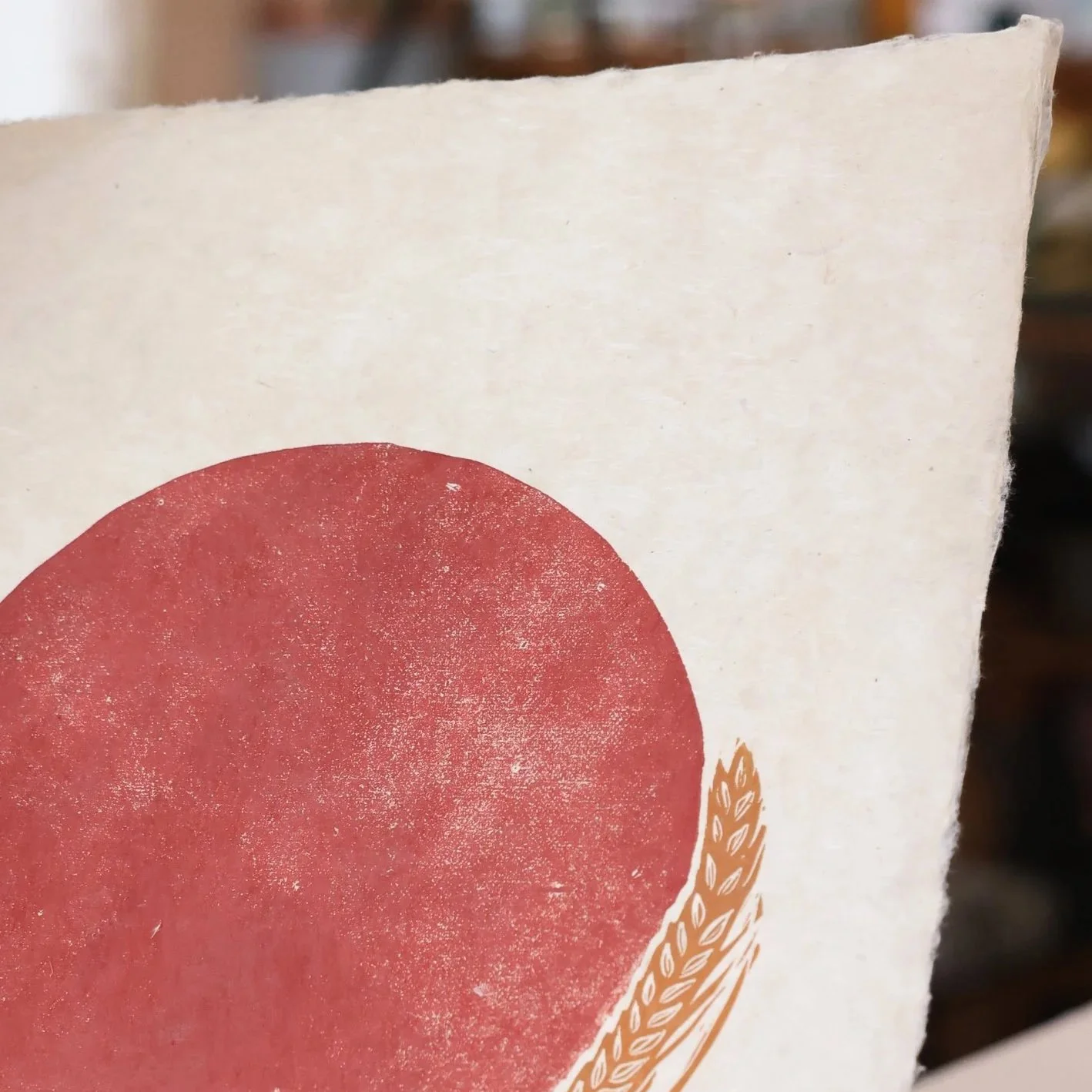 Handprinted Linocut Red Moon - Ochre Wheat - Image 4