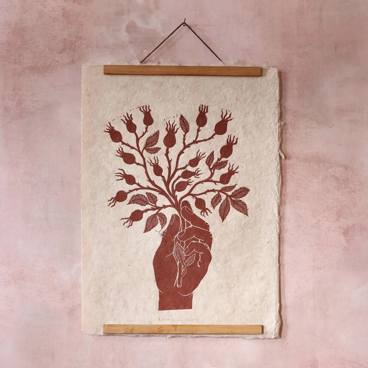 Handprinted Linocut Rosehips - Rose Red