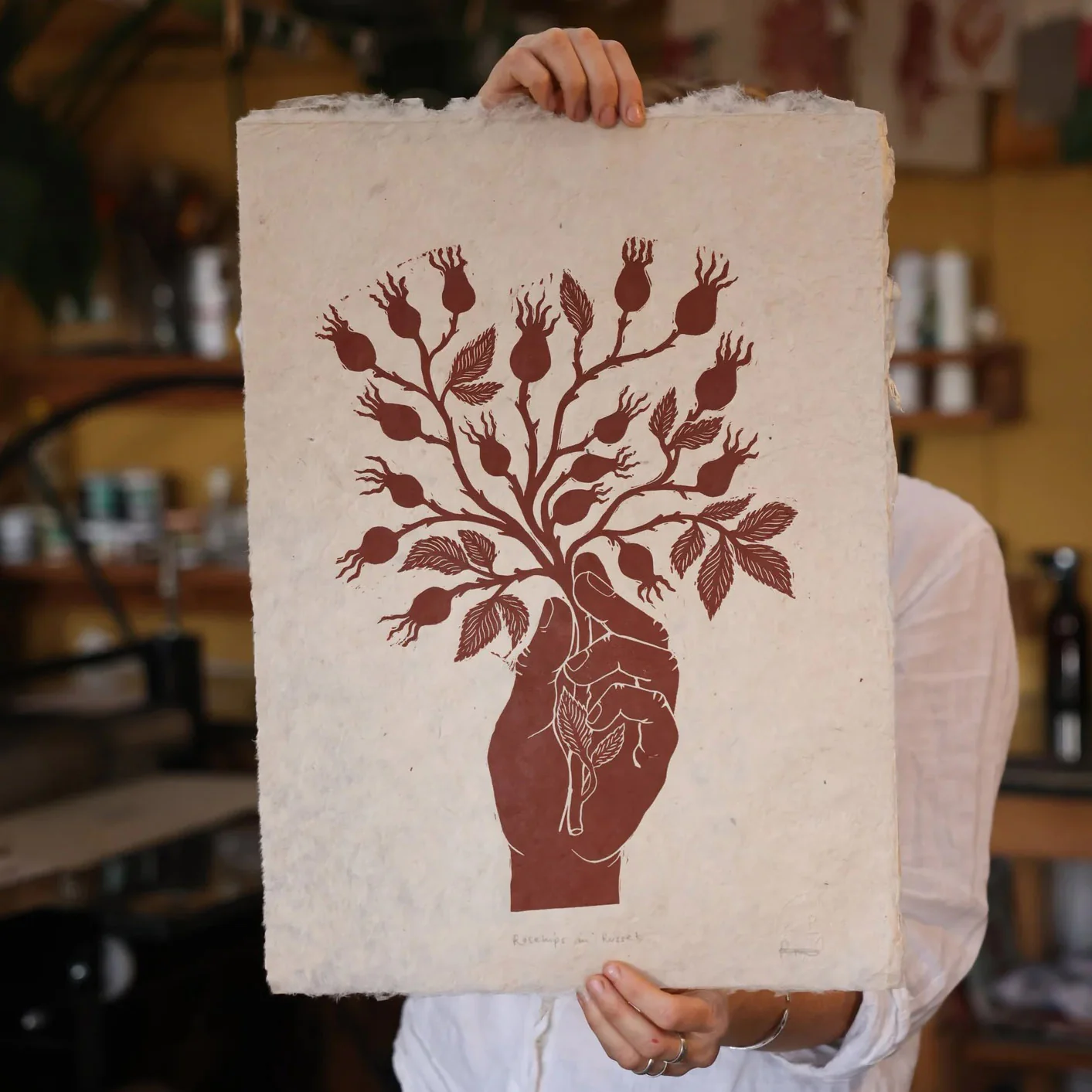 Handprinted Linocut Rosehips - Rose Red - Image 2