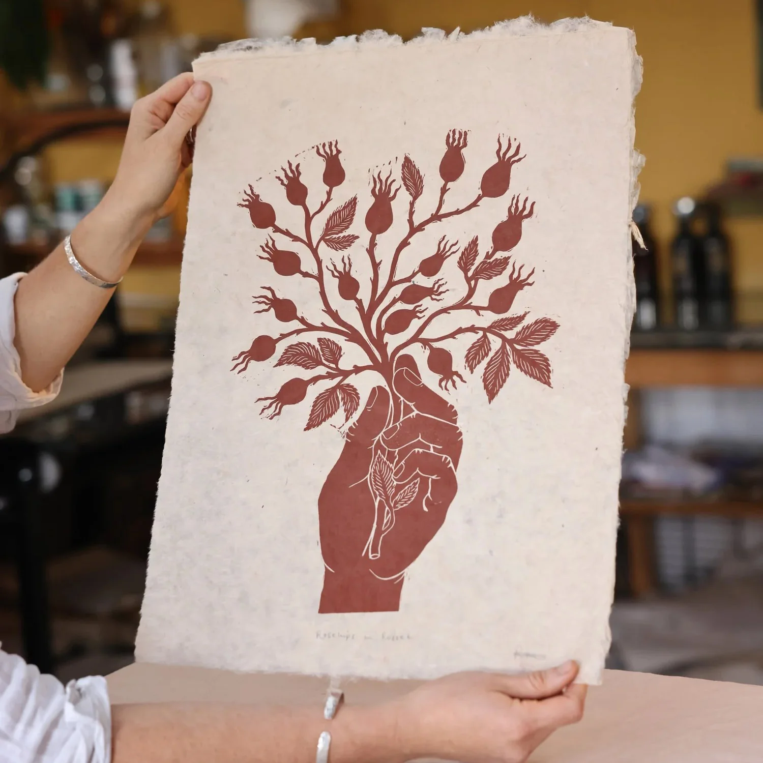 Handprinted Linocut Rosehips - Rose Red - Image 3
