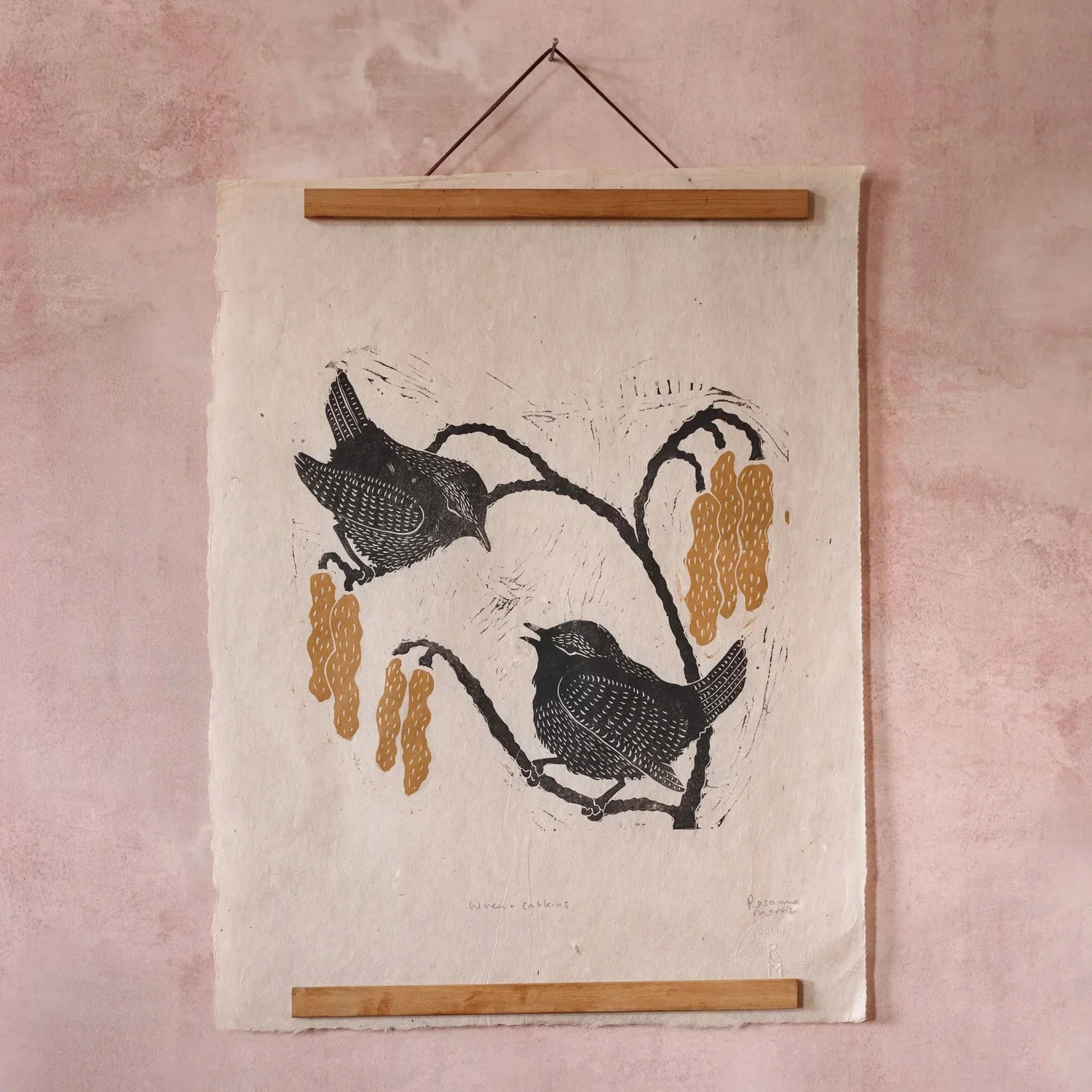 Handprinted Linocut - Wrens & Catkins