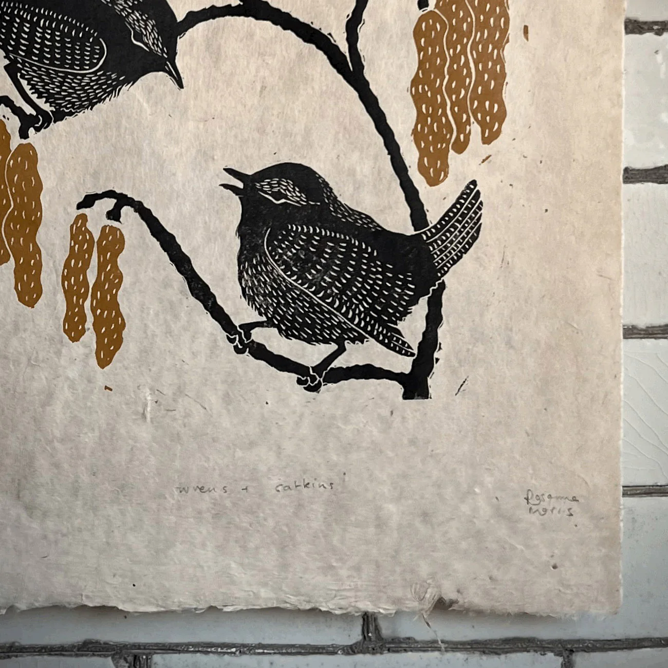 Handprinted Linocut - Wrens & Catkins - Image 2