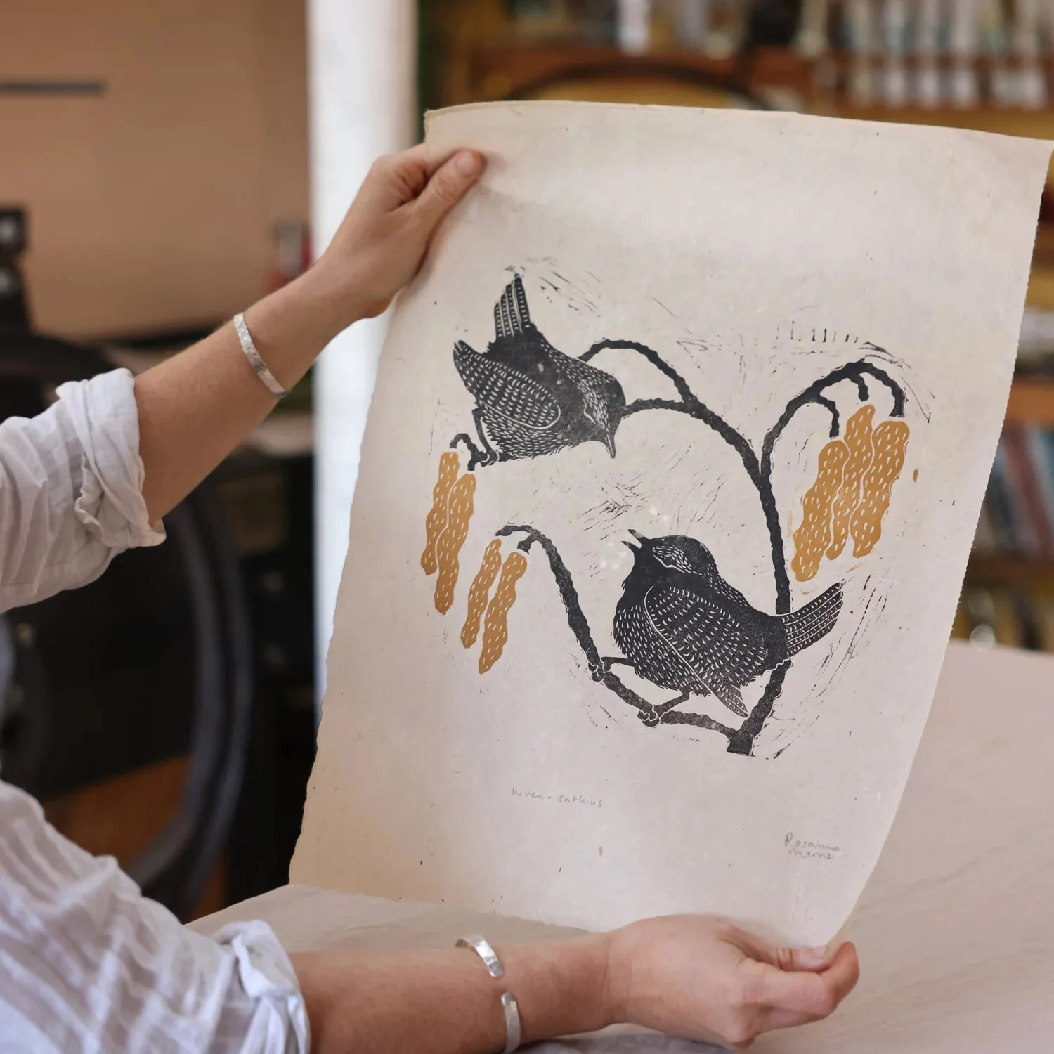 Handprinted Linocut - Wrens & Catkins - Image 5