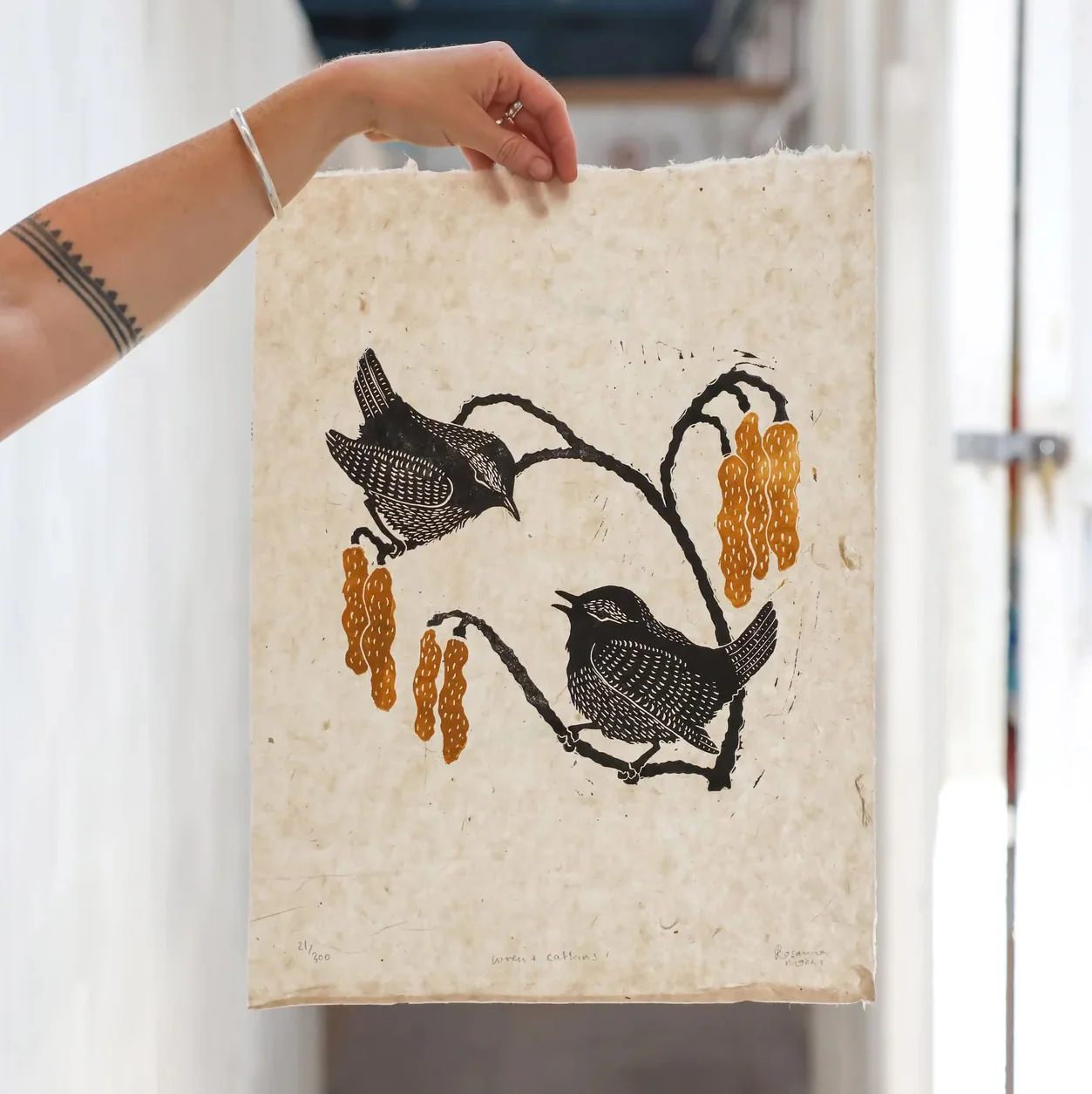 Handprinted Linocut - Wrens & Catkins - Image 6