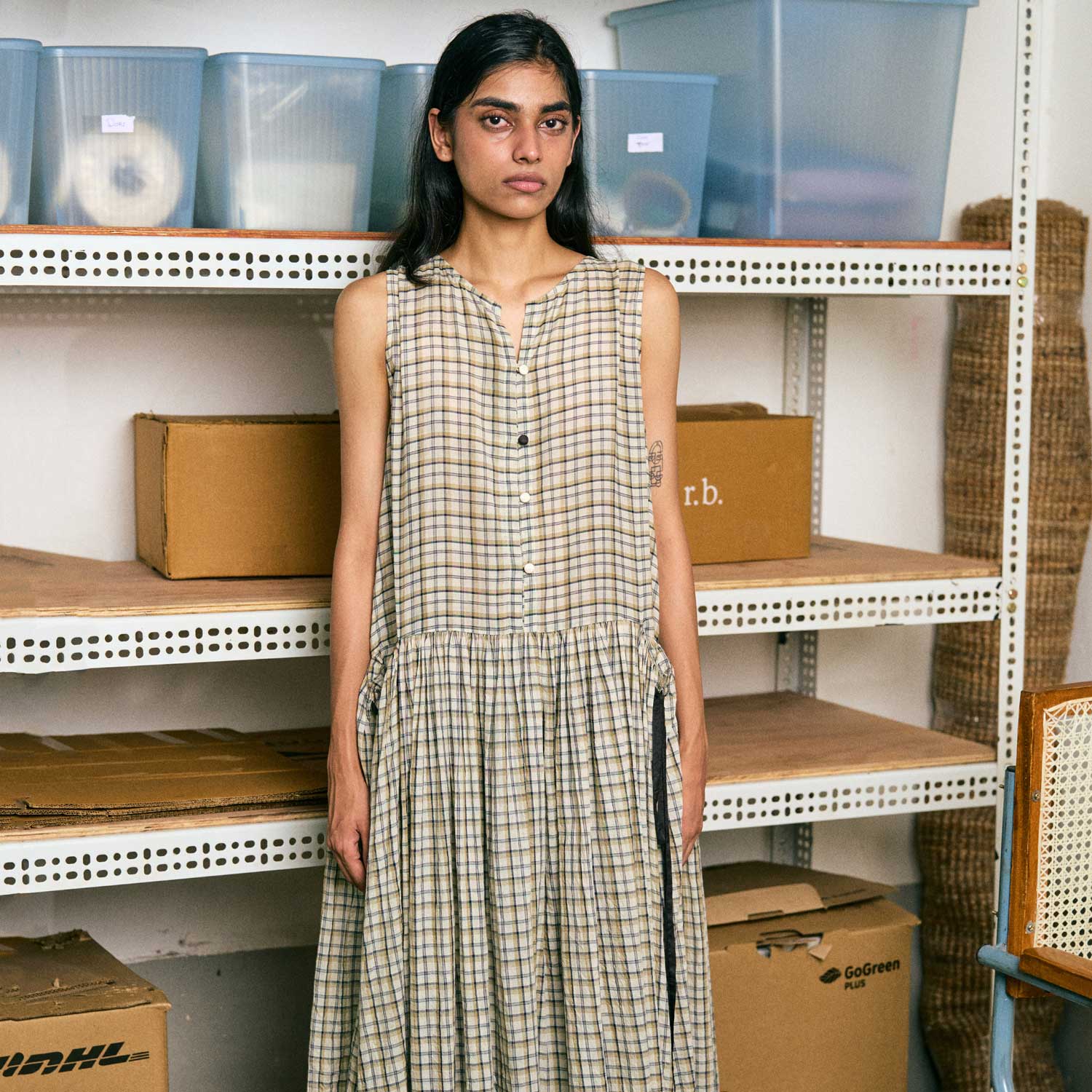 Women's Handloomed Silk/Cotton Poppy Stringed Dress - Beige/Charcoal Check - Image 2