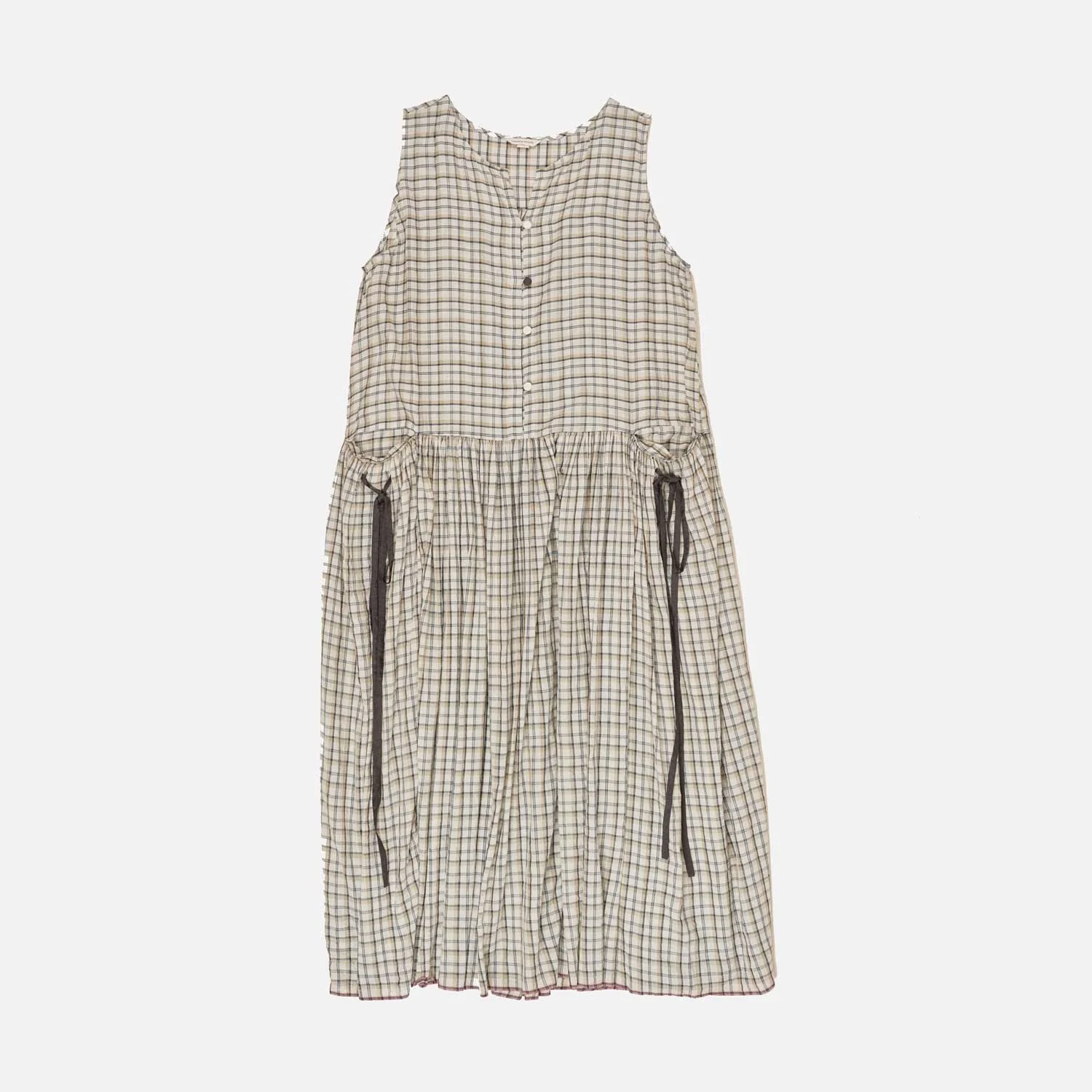 Women's Handloomed Silk/Cotton Poppy Stringed Dress - Beige/Charcoal Check - Image 3