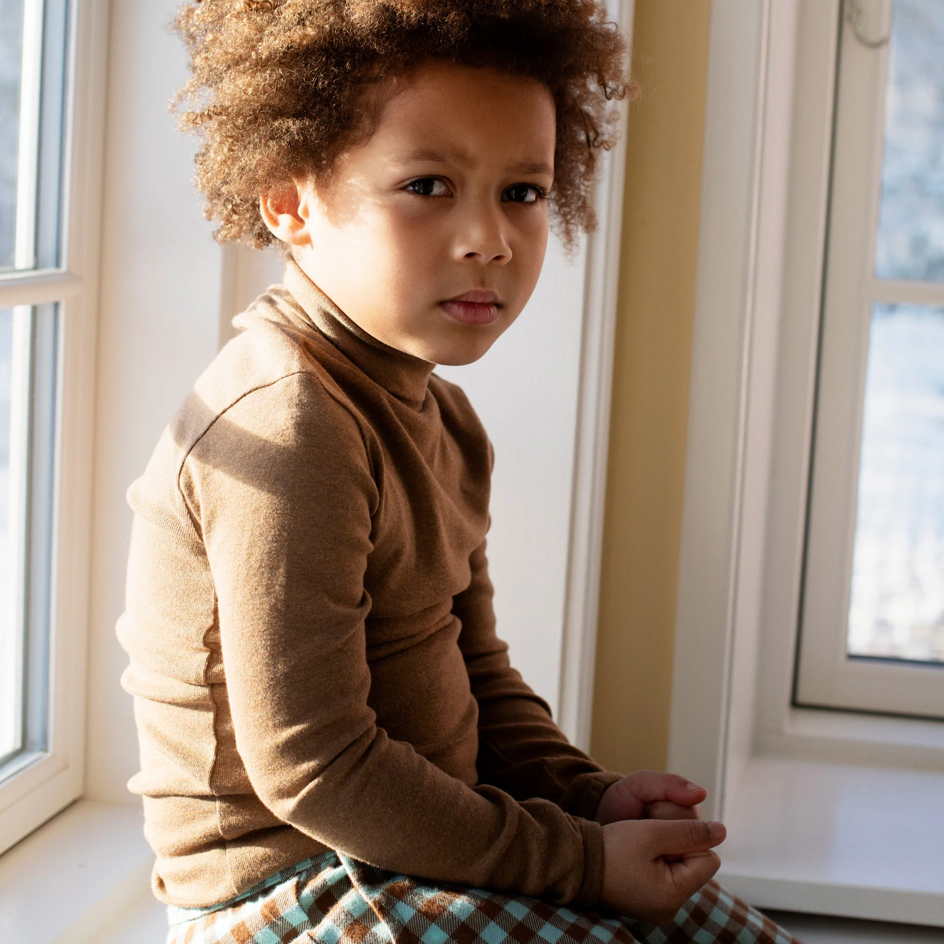 Kids Cotton Turtleneck Top - Almond Melange