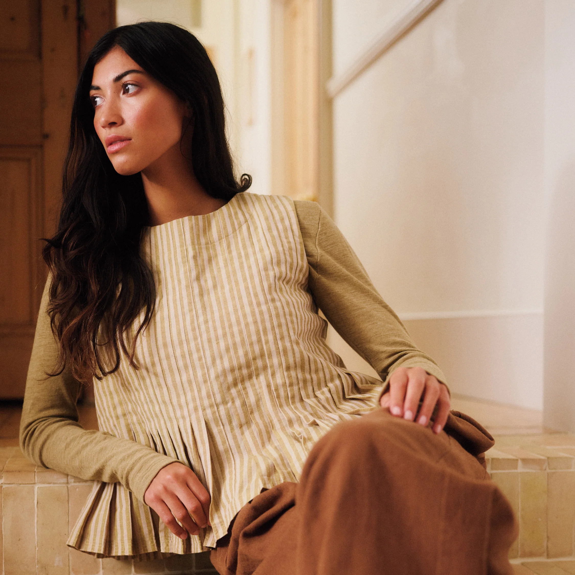 Women's Cotton Minnie Top - Ochre Stripe - Image 9