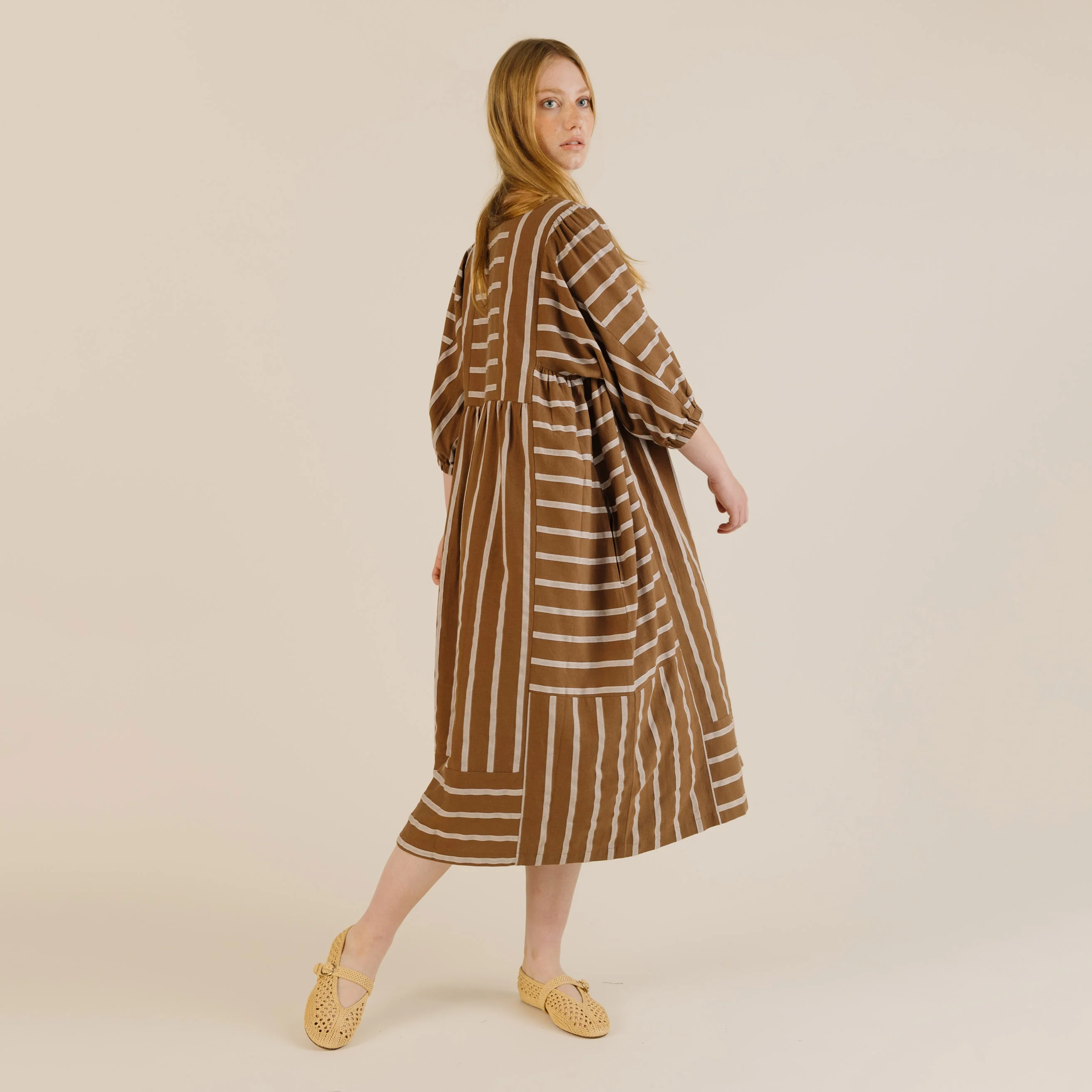 Women's Linen & Cotton Betsy Dress - Toffee Stripe