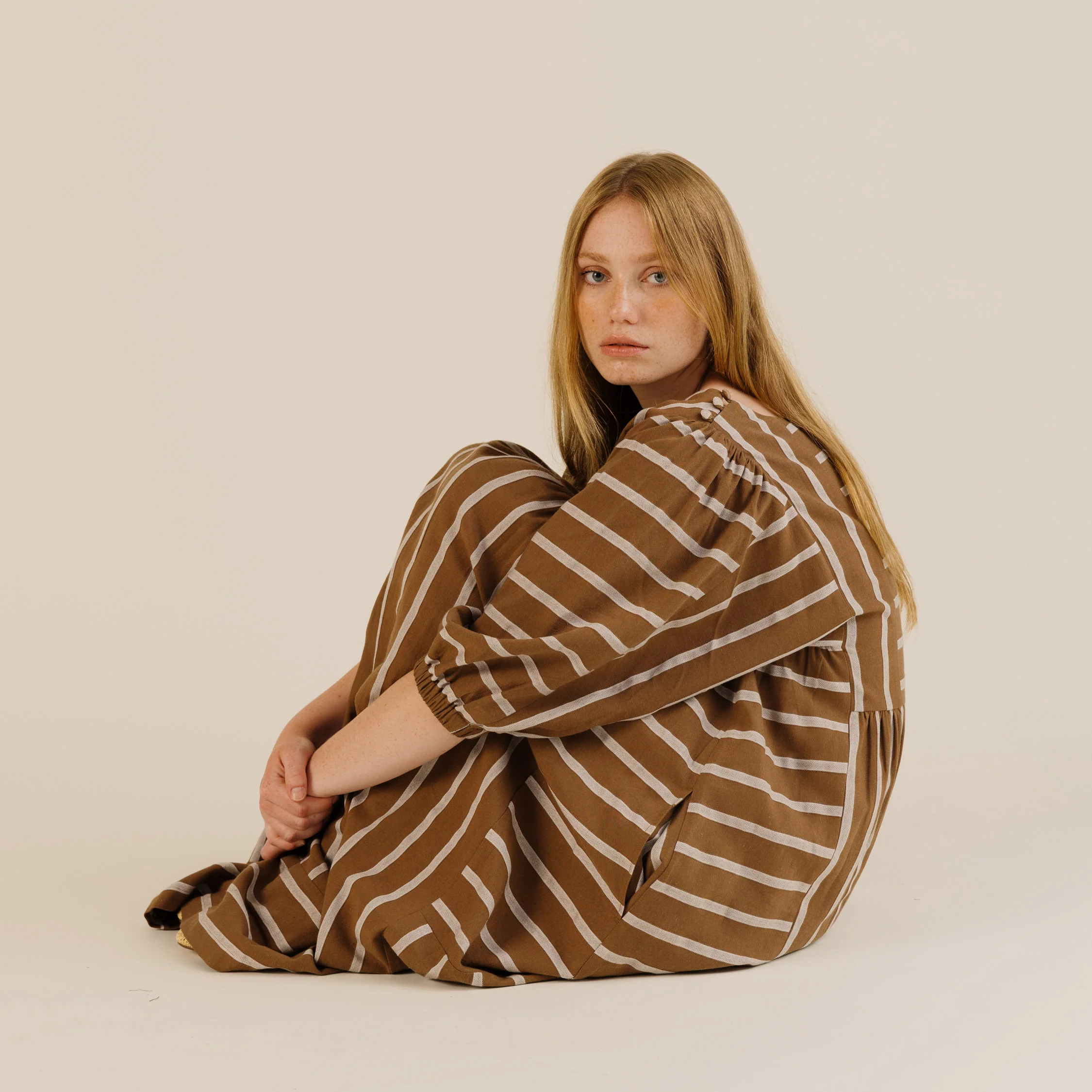 Women's Linen & Cotton Betsy Dress - Toffee Stripe - Image 10