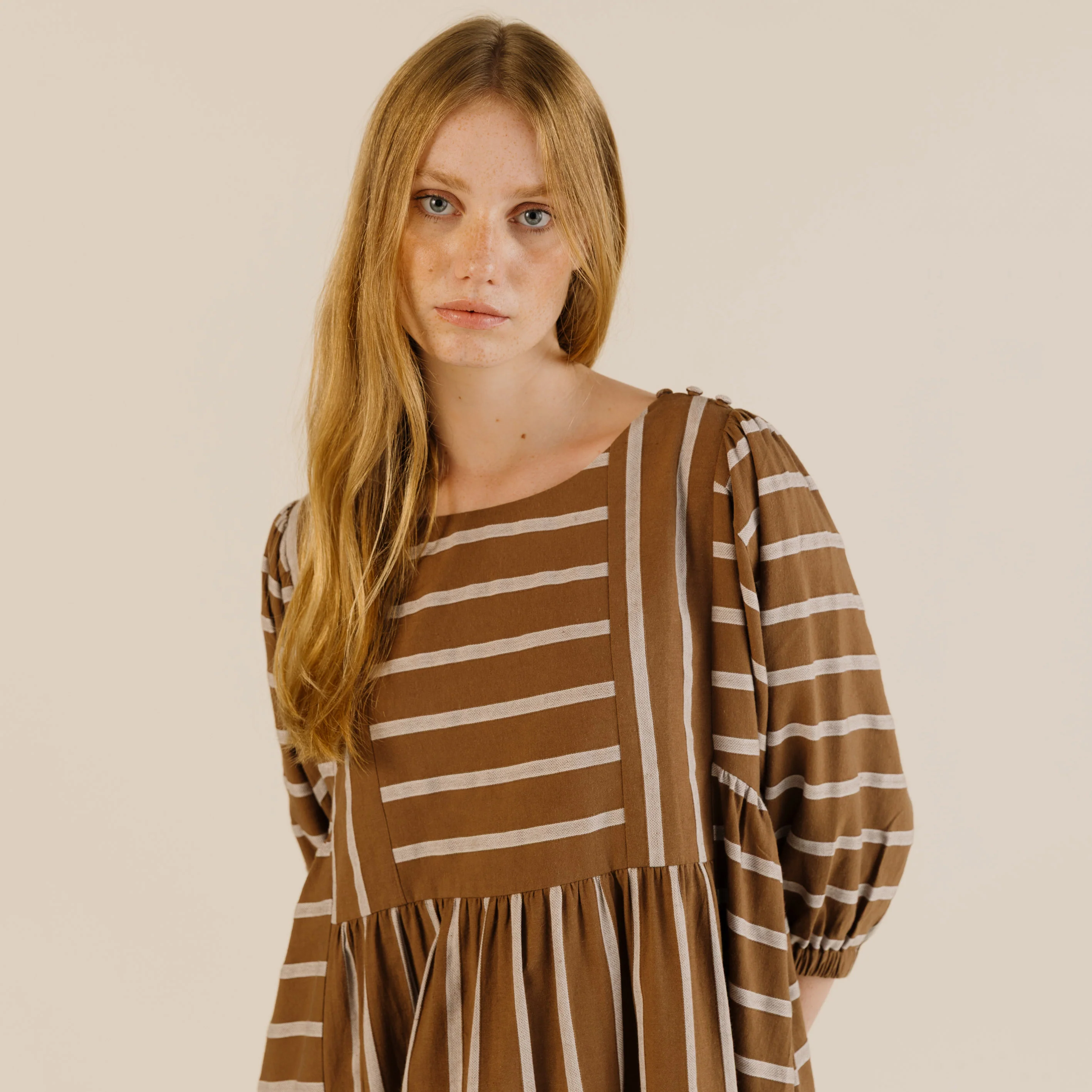 Women's Linen & Cotton Betsy Dress - Toffee Stripe - Image 2