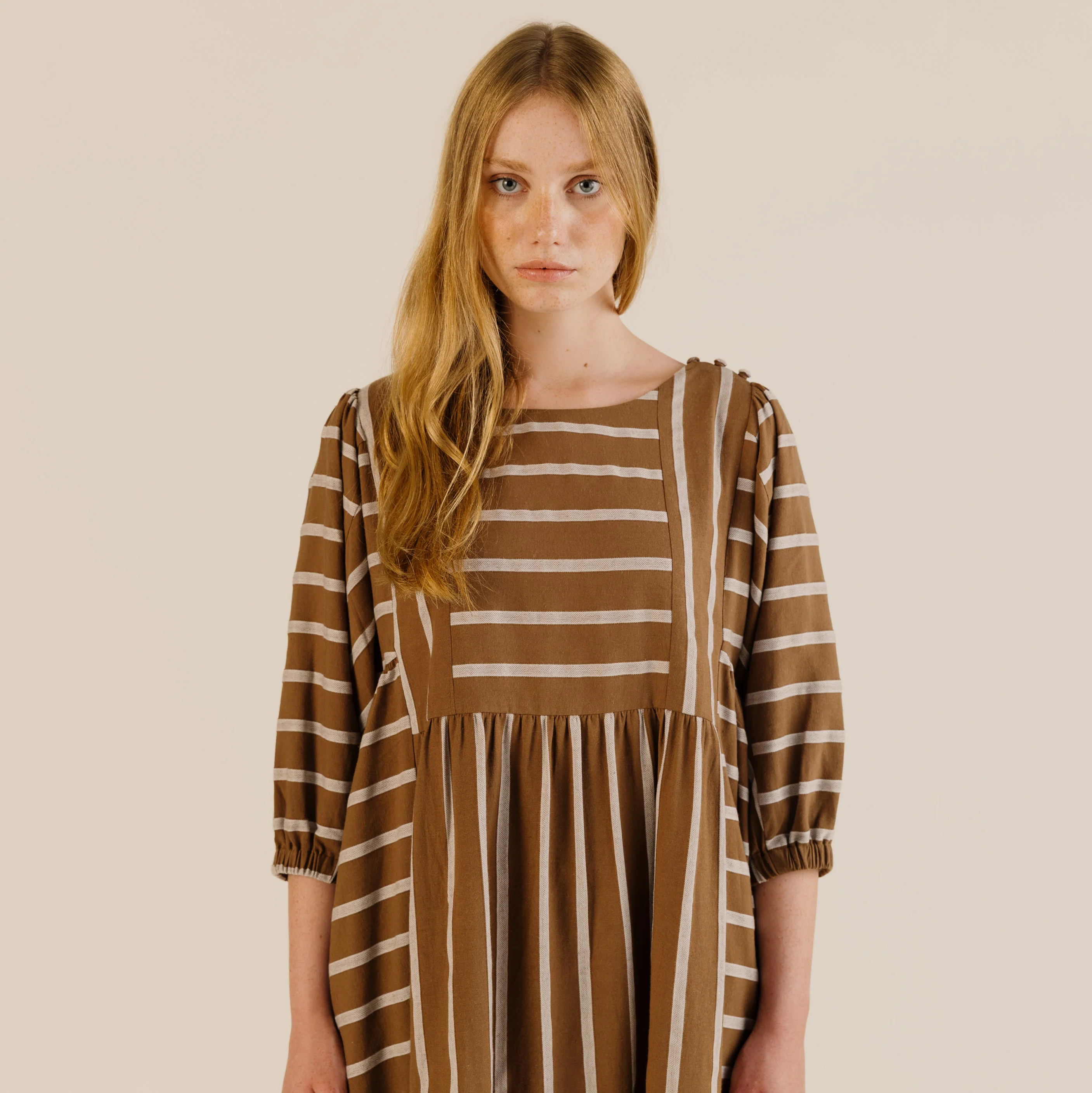 Women's Linen & Cotton Betsy Dress - Toffee Stripe - Image 4