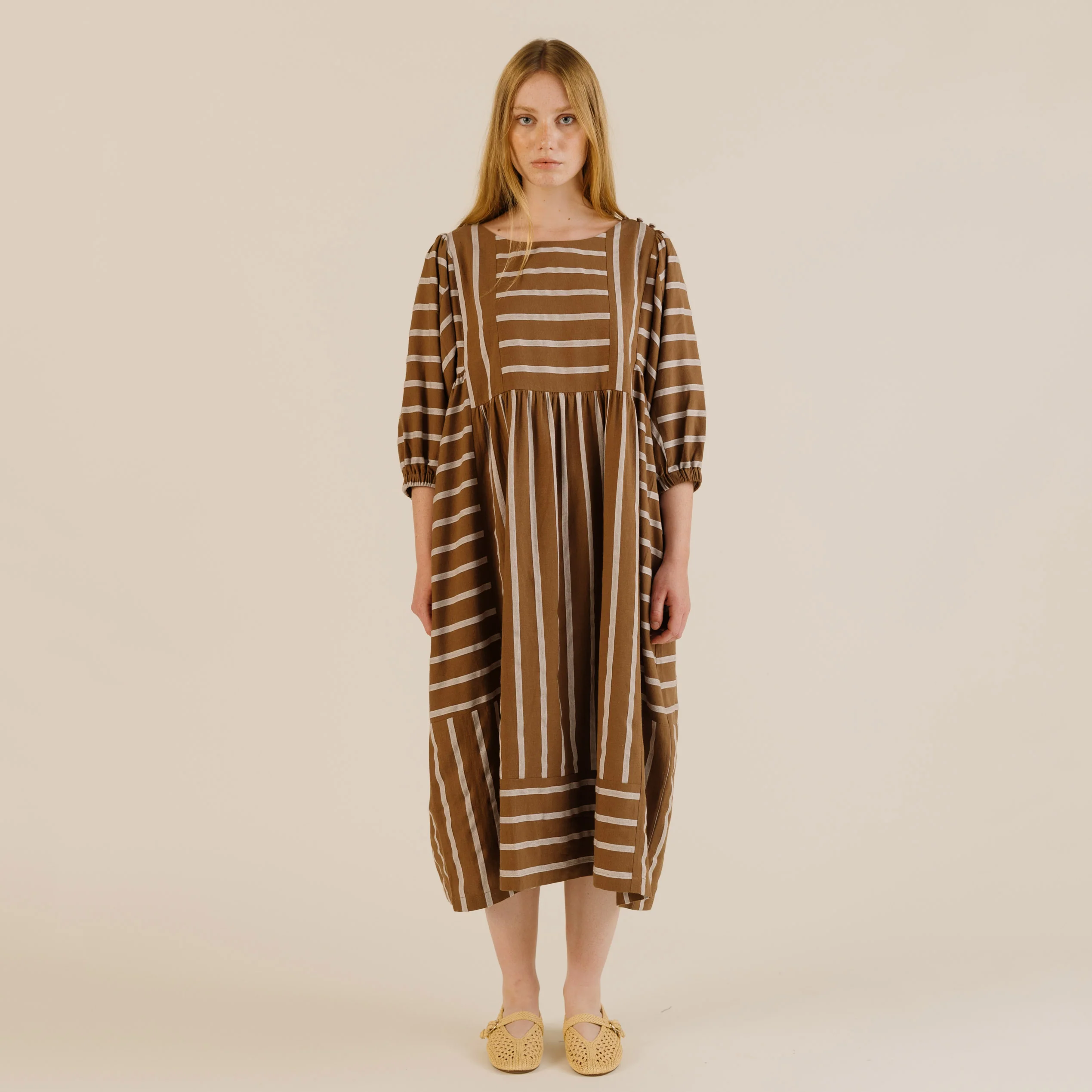Women's Linen & Cotton Betsy Dress - Toffee Stripe - Image 6