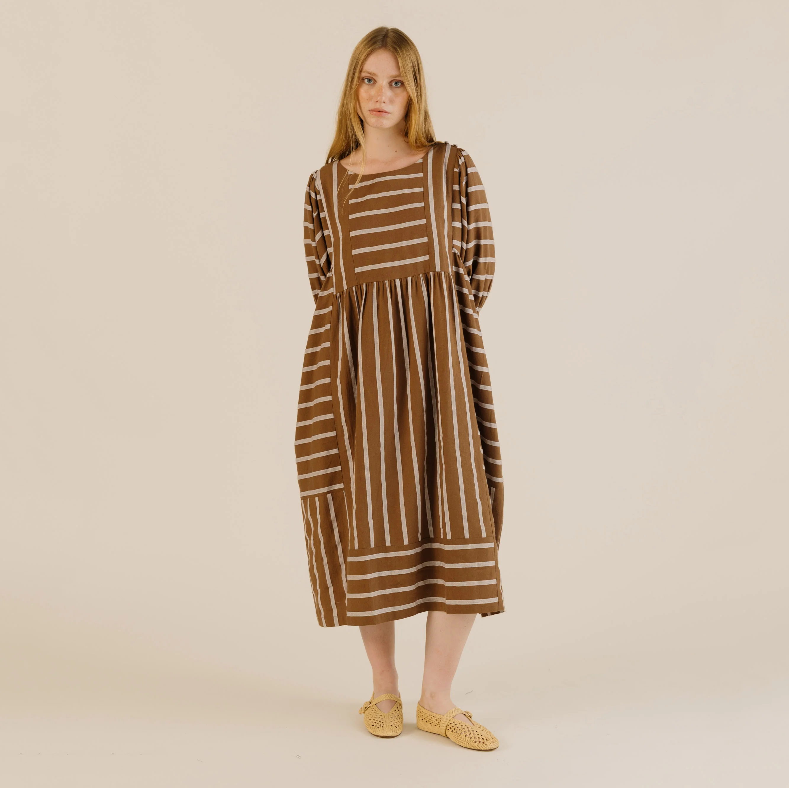 Women's Linen & Cotton Betsy Dress - Toffee Stripe - Image 7