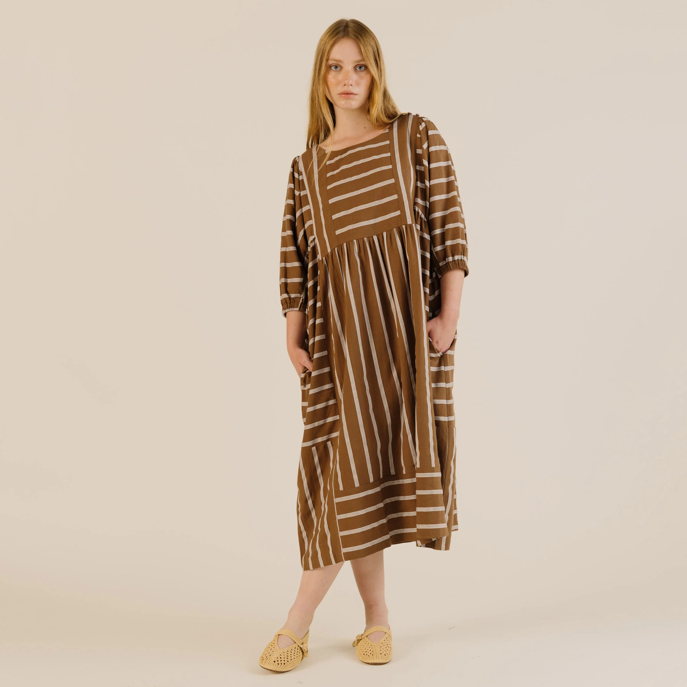 Women's Linen & Cotton Betsy Dress - Toffee Stripe - Image 8