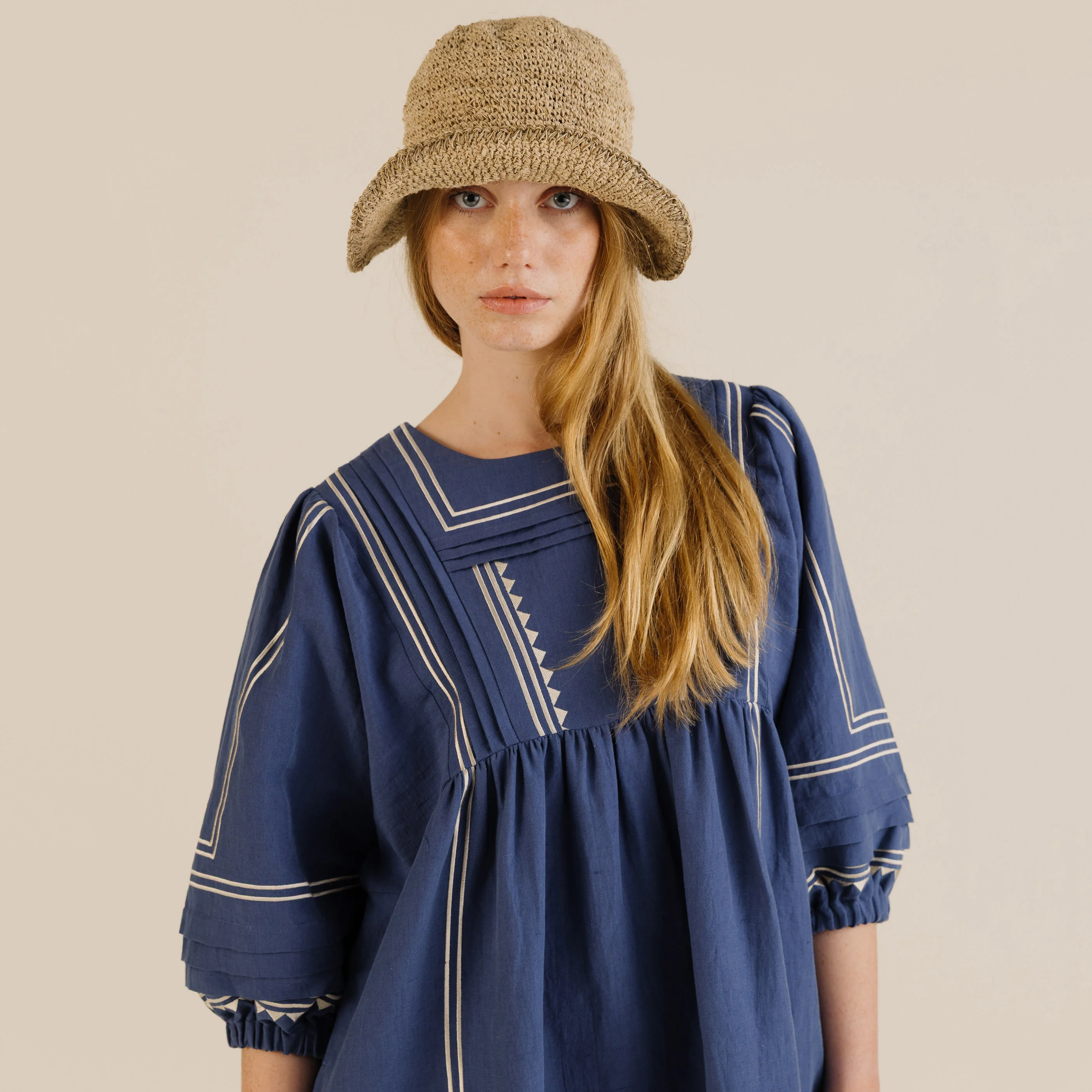 Women's Linen & Cotton Star Dress - Mid Blue - Image 2