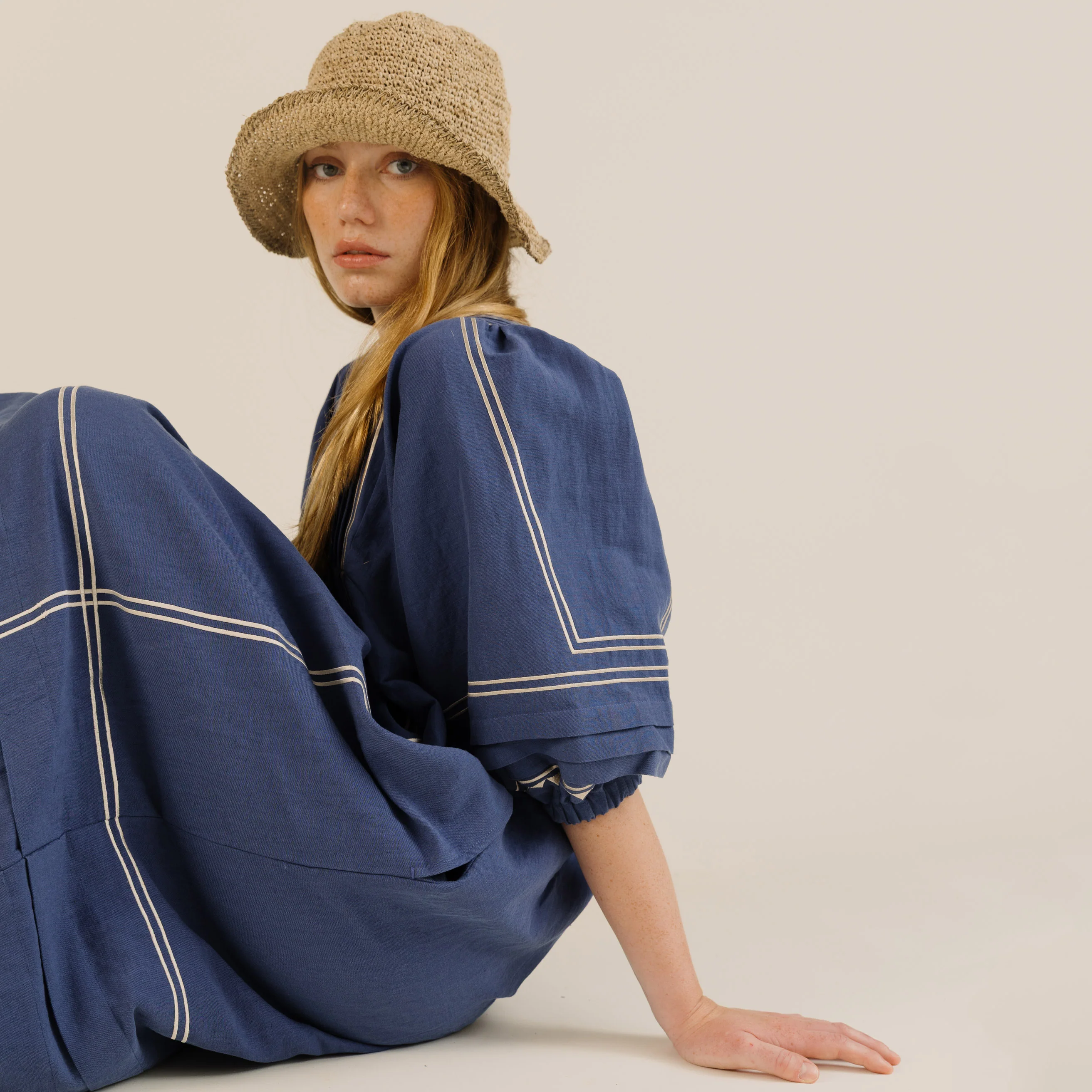 Women's Linen & Cotton Star Dress - Mid Blue - Image 6