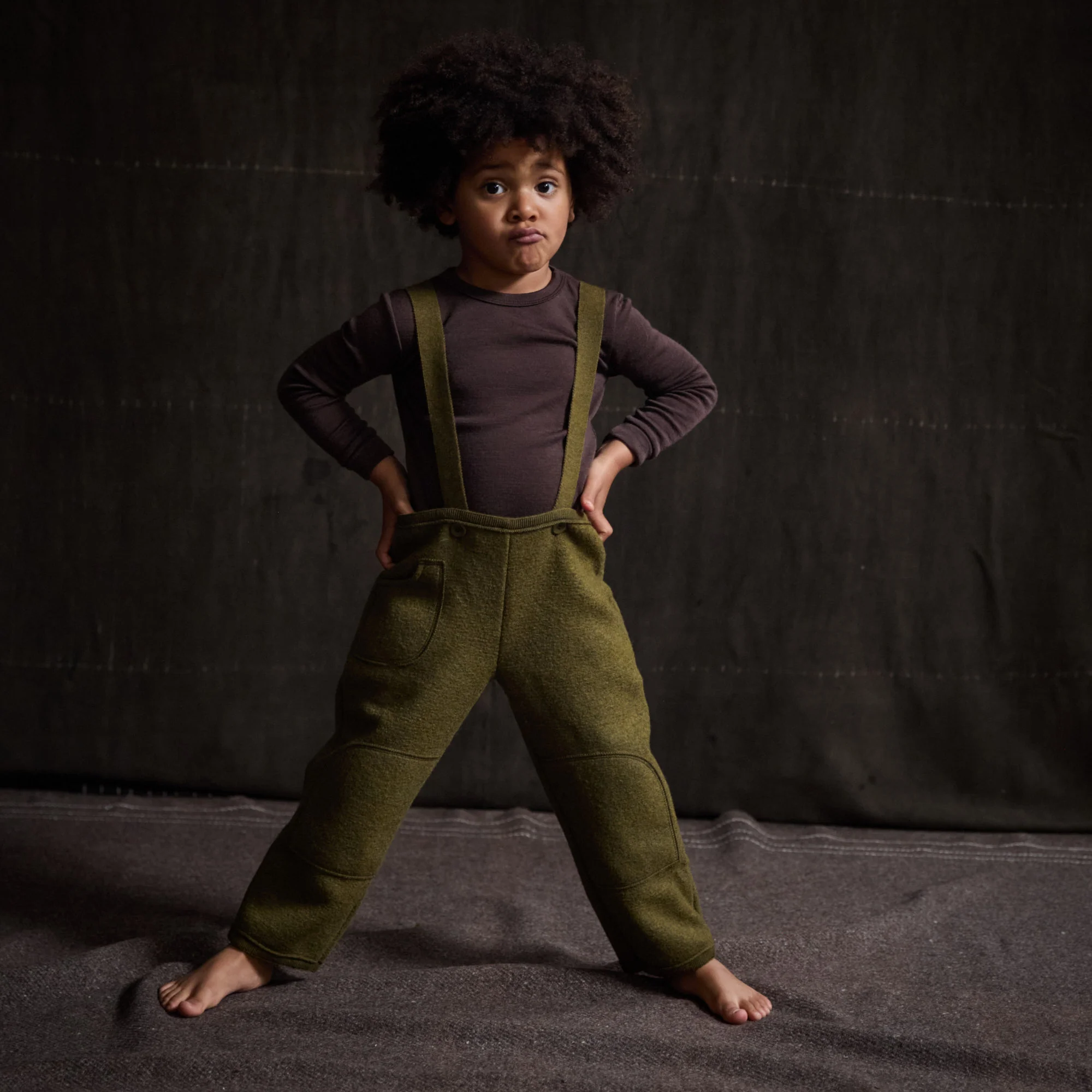 River Baby & Kids Pocket Dungarees - Boiled Merino Wool - Seaweed - Image 2