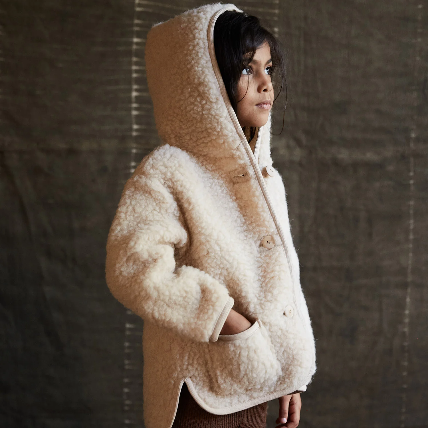 Otter Kids Jacket - Wool Teddy Fleece - Oatmeal - Image 3