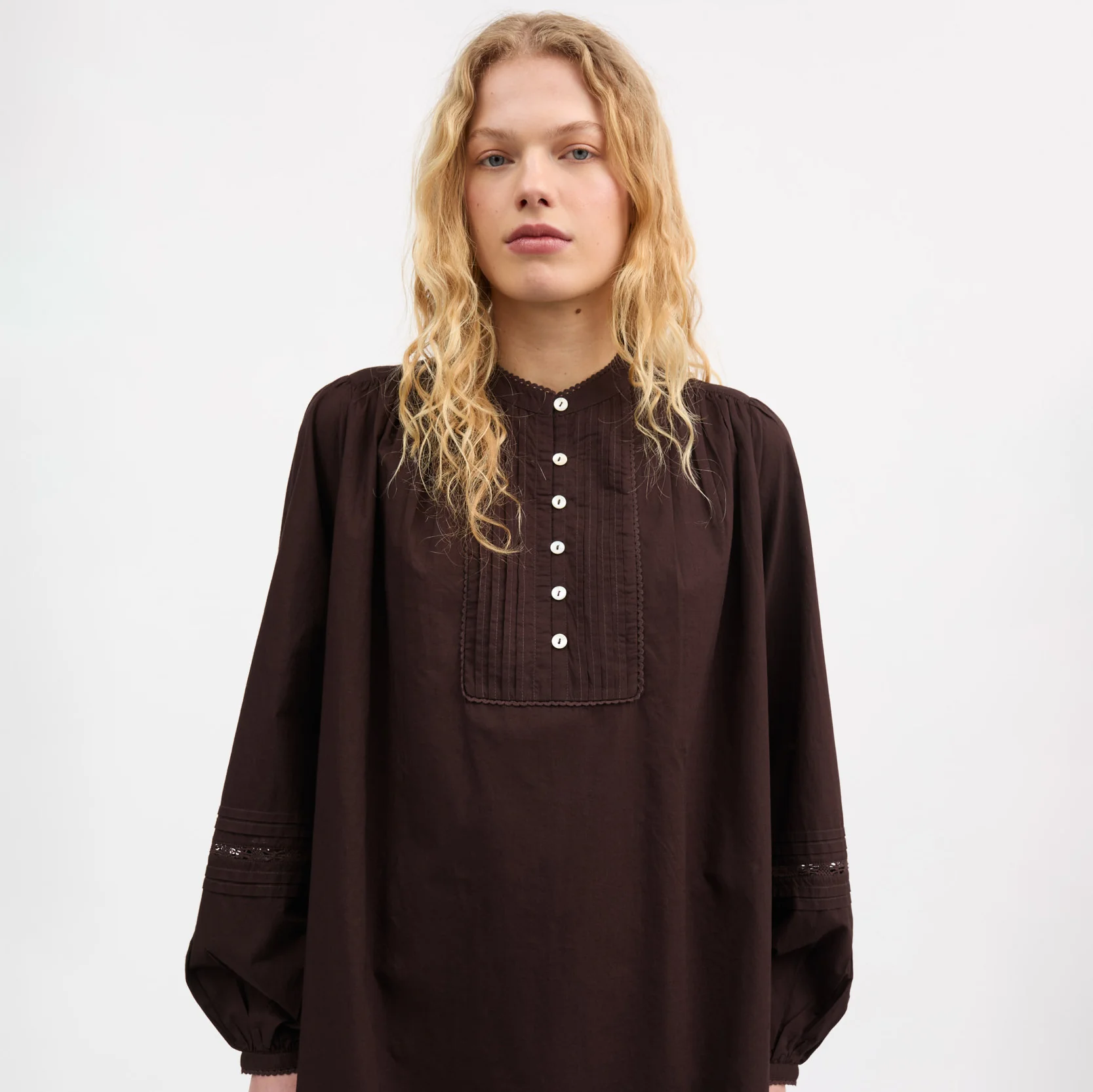 Women's Cotton Leaf Shirt Dress - Dark Brown - Image 2