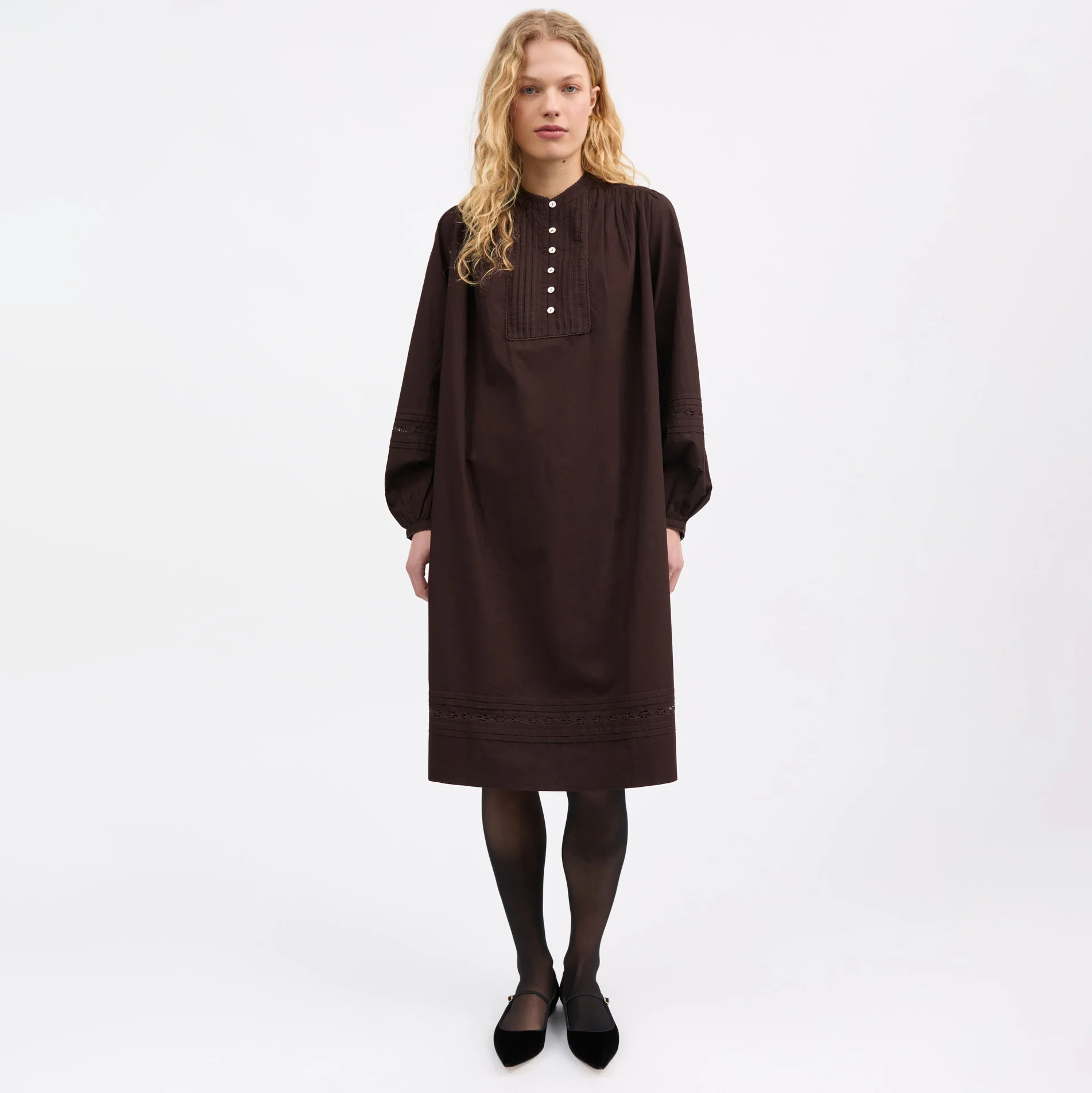 Women's Cotton Leaf Shirt Dress - Dark Brown - Image 3