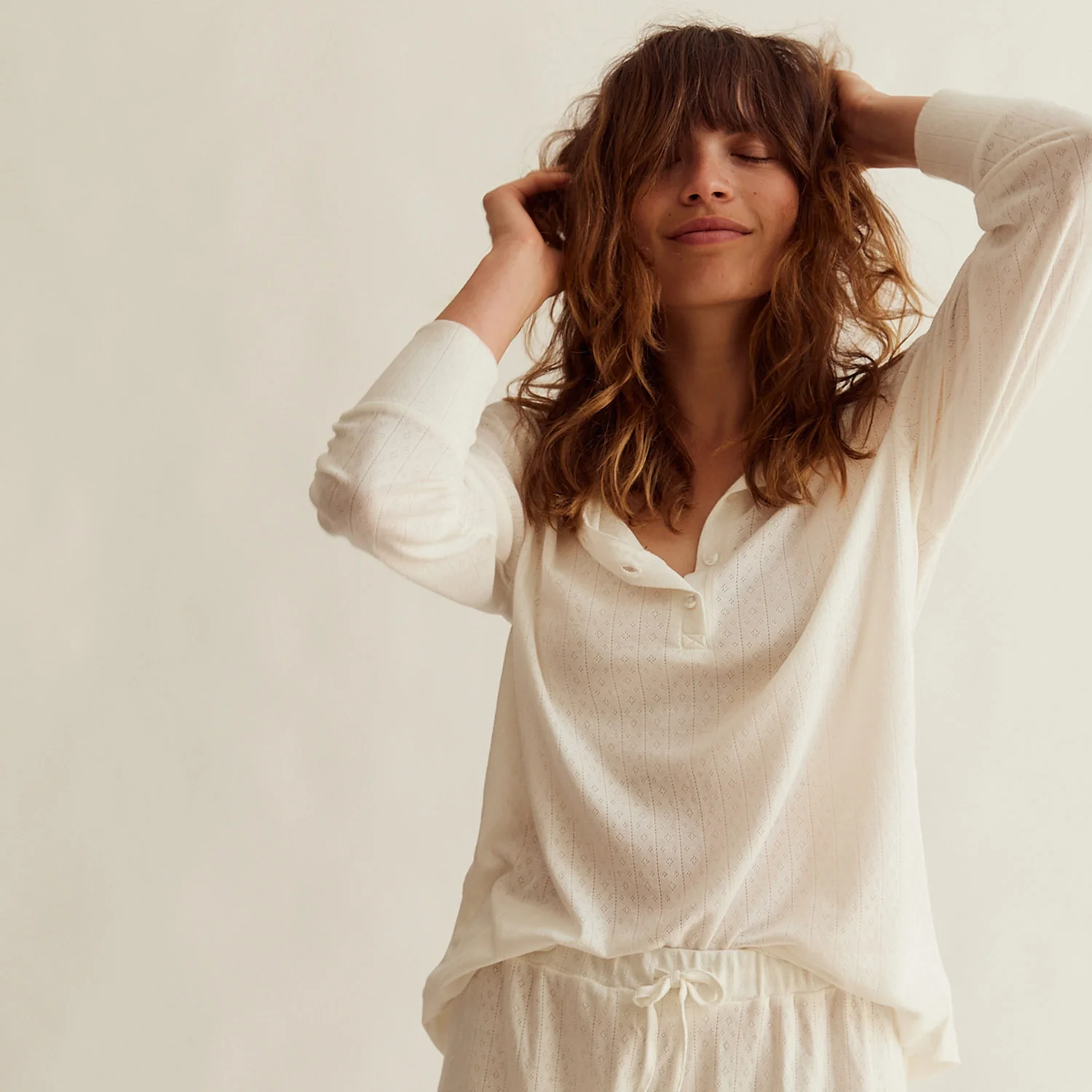 Women's Cotton Henley Pyjama Set - Cream Pointelle