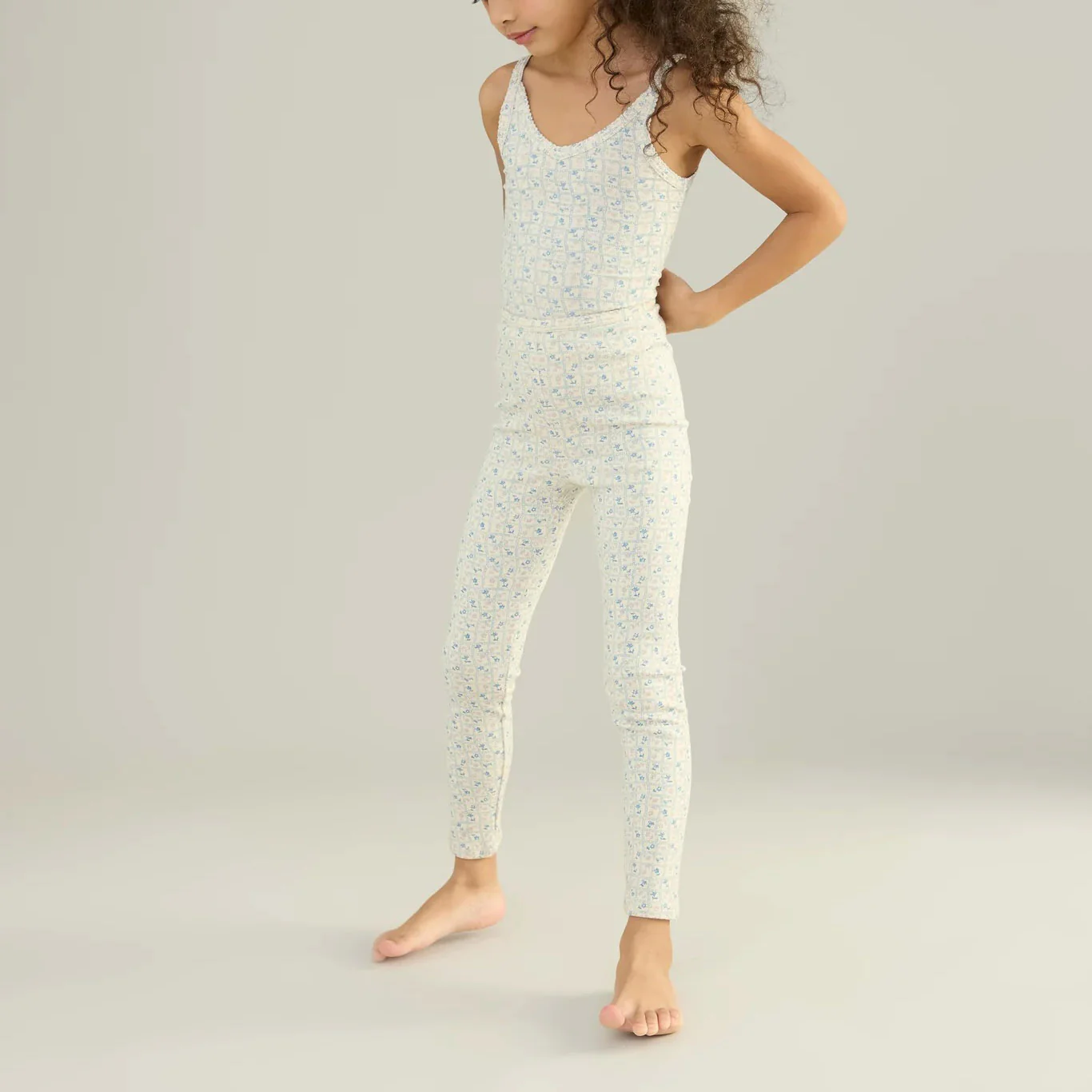 Kids Pima Cotton Stretch Leggings - Azul Flower Press Print - Image 3