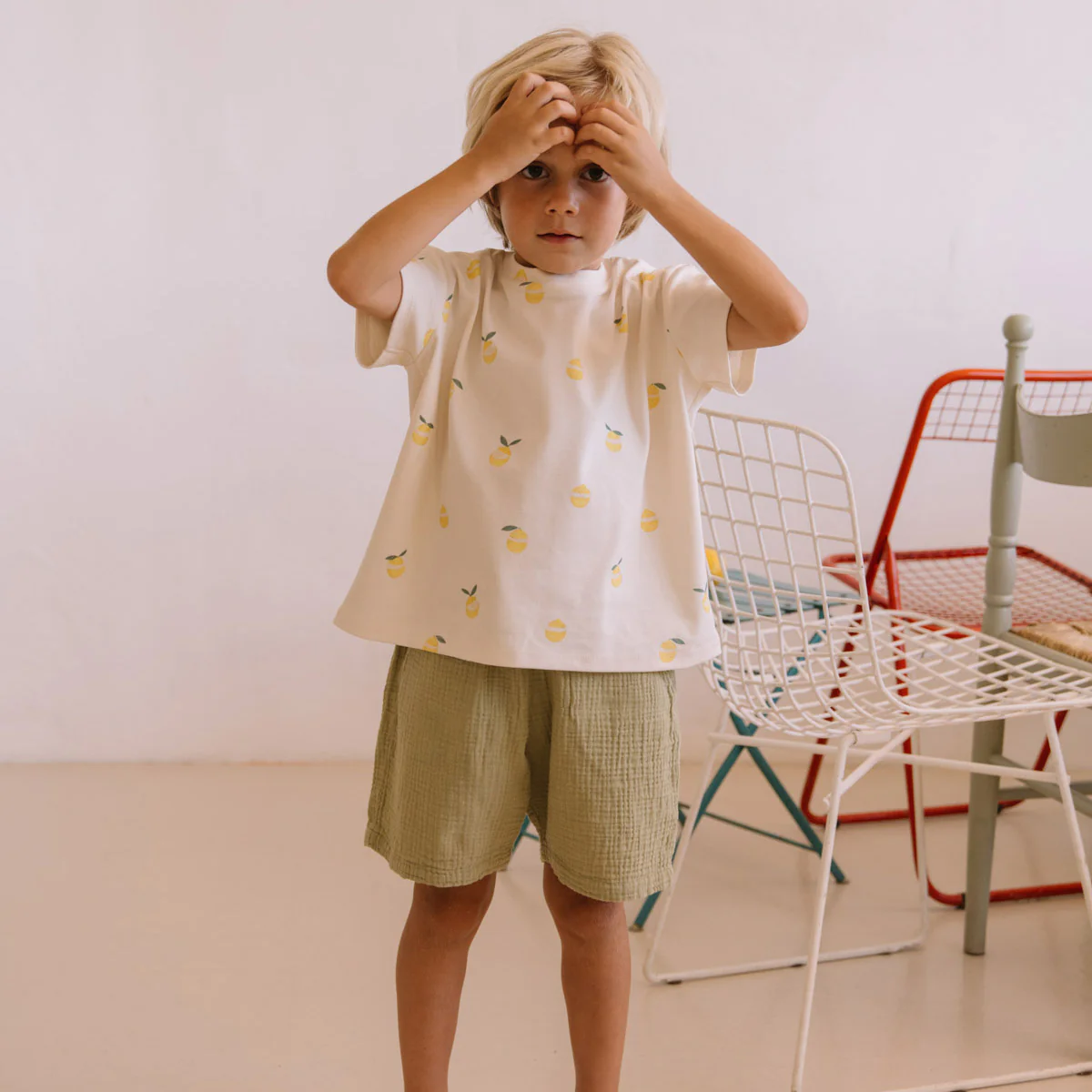 Kids Cotton Gauze Basile Bermuda Shorts - Golden Green - Image 3