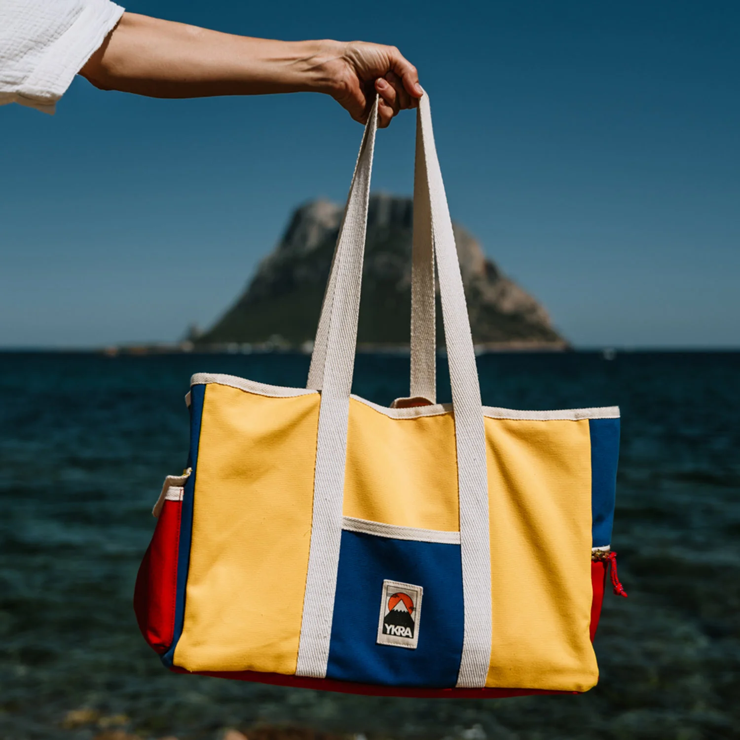 Cotton Canvas Beach Bag - Blue/Red/Yellow